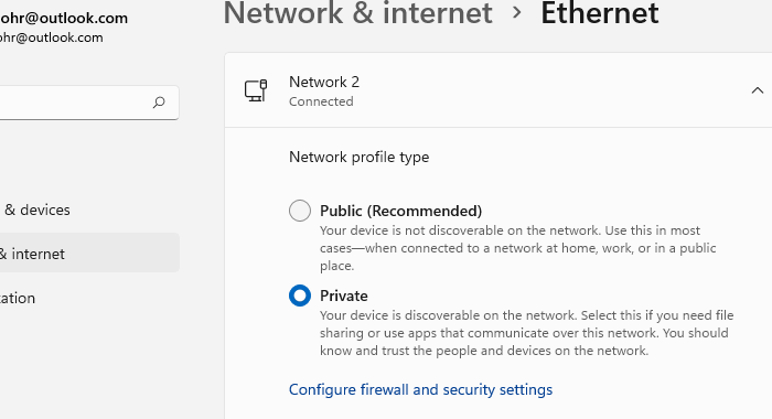 Change Network Profile to Private