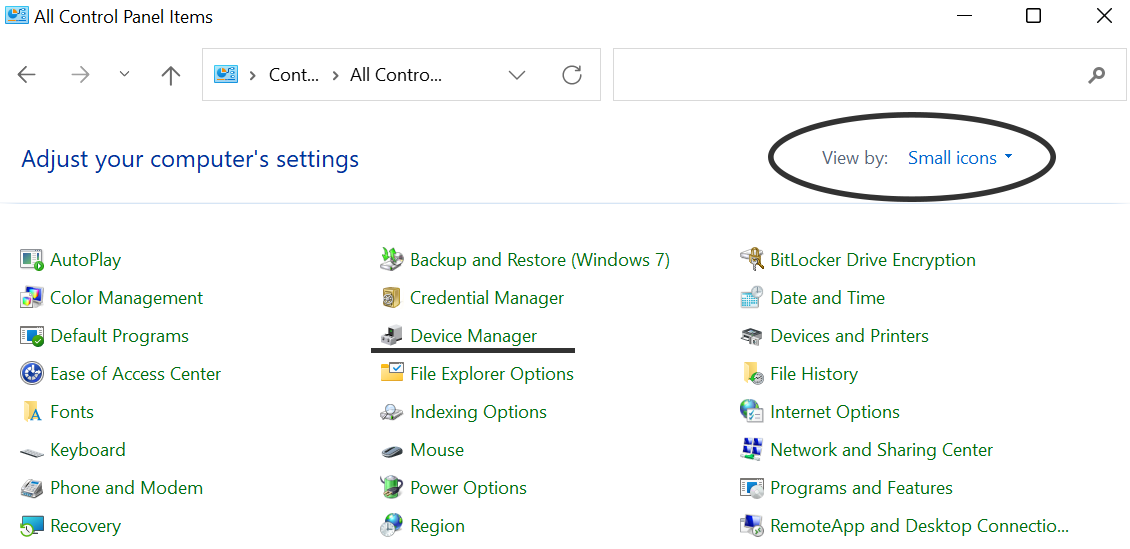 Open the Device Manager from windows control panel