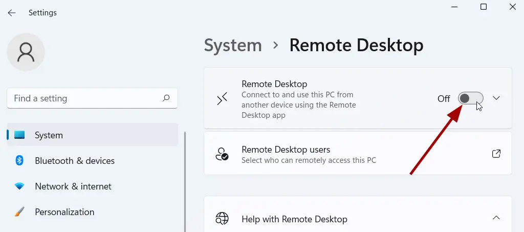 Turn on the Remote Desktop toggle switch