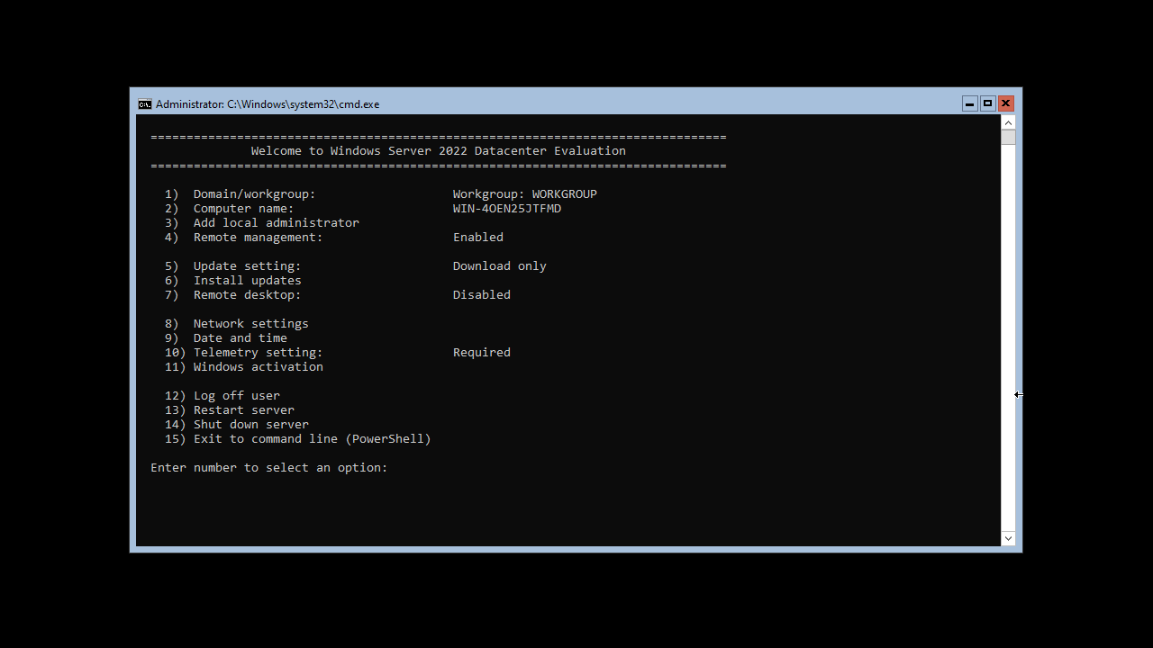 SConfig in Windows Server 2022 Server Core