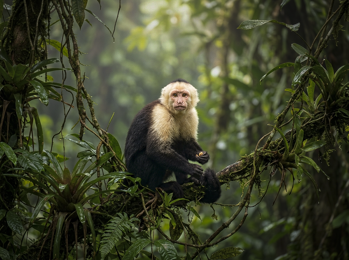 Baby capuchin monkey in tropical rainforest, osa peninsula, costa rica