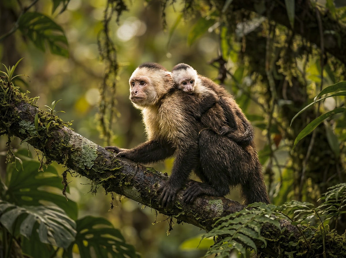 Baby capuchin monkey in tropical rainforest, osa peninsula, costa rica