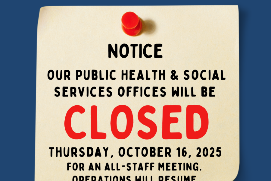 Notice from Thurston County Public Health & Social Services announcing office closure on October 16, 2025, for an all-staff meeting, reopening the next day.