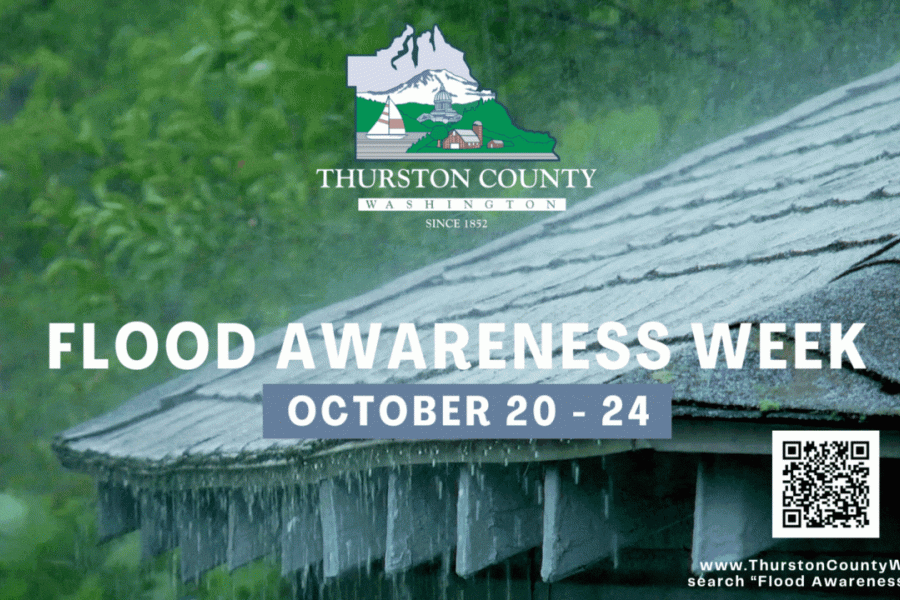 image of rain on the roof of a house with the words: Flood Awareness Week Oct 20-24