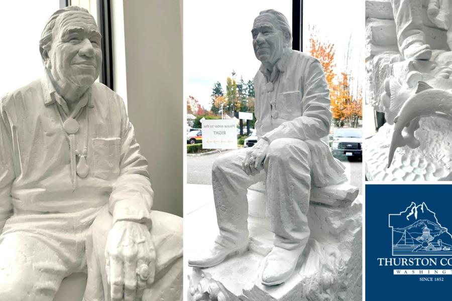 collage of photos of the 4-foot tall Billy Frank Jr statue 