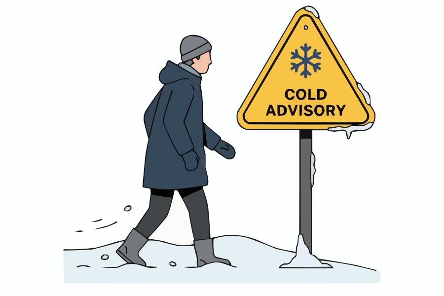 cartoon image of man in a coat and hat walking next to a sign that reads: Cold Advisory