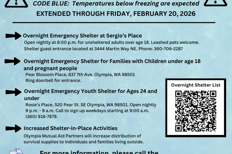 Notice of hazardous weather with temperatures below freezing through February 20, 2026, listing overnight emergency shelters in Olympia, WA for adults, families, and youth.