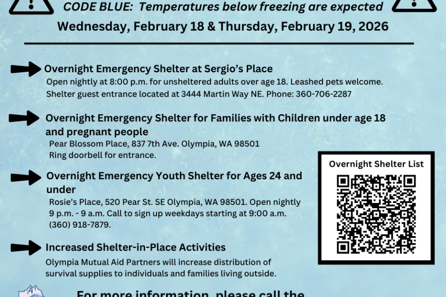 Blue flyer with winter shelter information list from the web page.