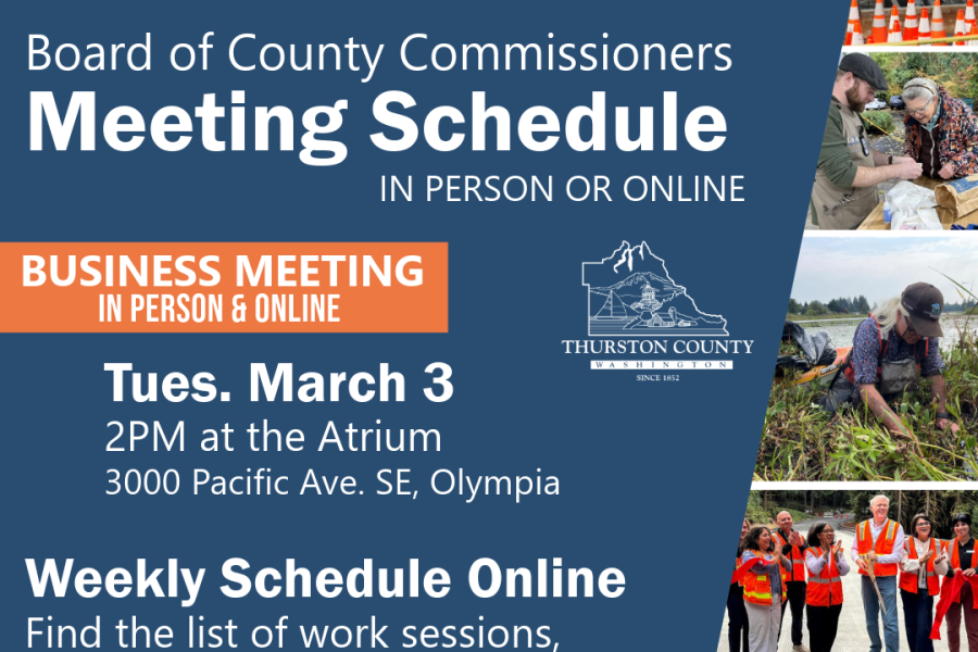 dark blue flyer with five very small photos of county staff in orange vests working in the community and the March 3 meeting time of 2 pm at the atrium
