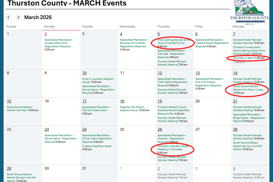 a screenshot of thurston county's March events calendar with the current listings as of March 2