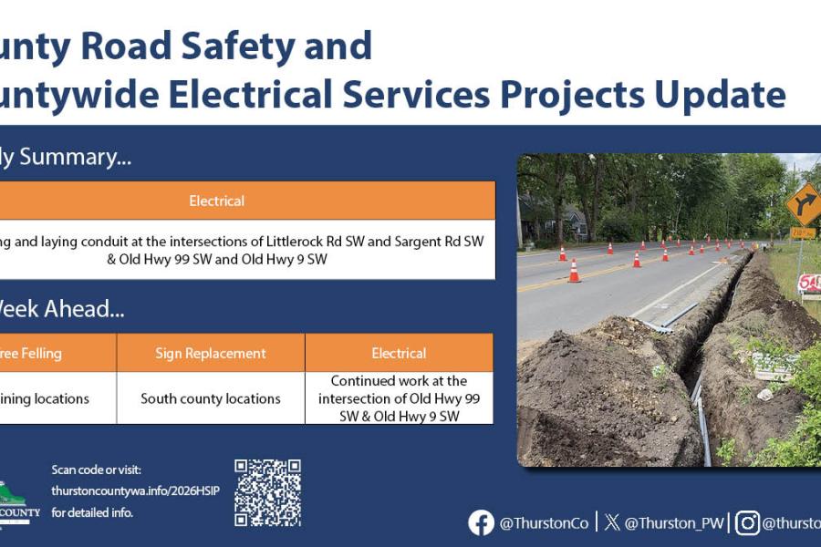 A graphic that reads the following: County Road Safety and Countywide Electrical Services Projects Update. Weekly summary- Electrical: Trenching and laying conduit at the intersection of Littlerock Rd SW and Sargent Rd SW & Old Hwy 99 SW and Old Hwy 9 SW. The Week Ahead- Tree felling: remaining locations; Sign Replacement: south county locations; Electrical: Continued work at the intersection of Old Hwy 99 SW and Old Hwy 9 SW. A photo on the right side of the graphic shows a trench being dug along Old Hwy 9