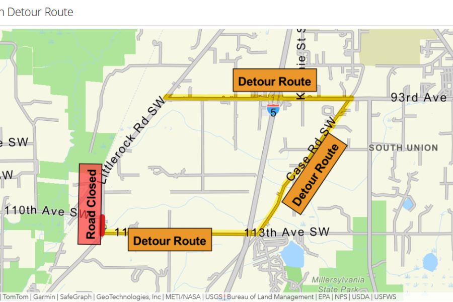 A map showing the detour at Case Rd SW and 93rd Ave SW around the intersection of Littlerock Rd SW and 113th Ave SW