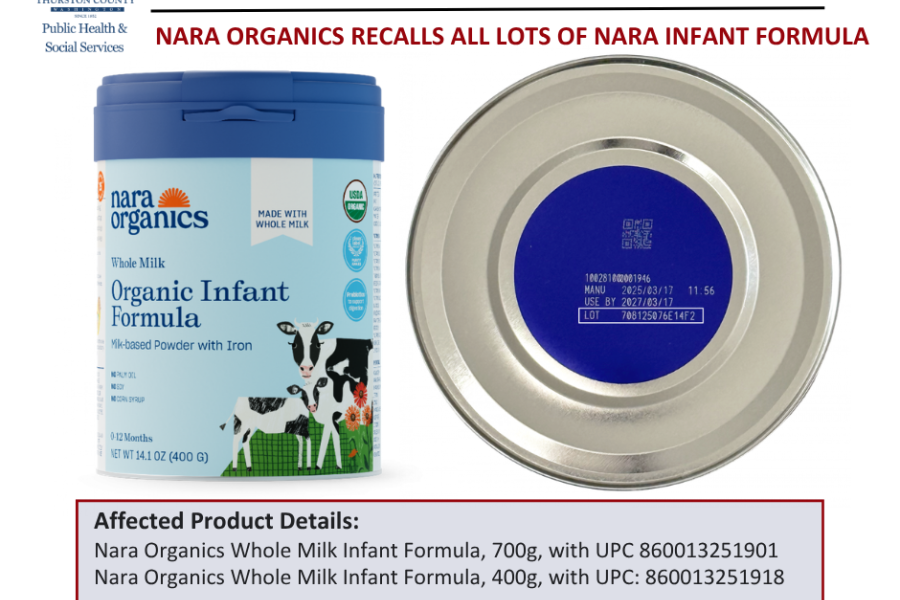 photo of a can of Nara powdered infant formula and details about the product recall due to botulism