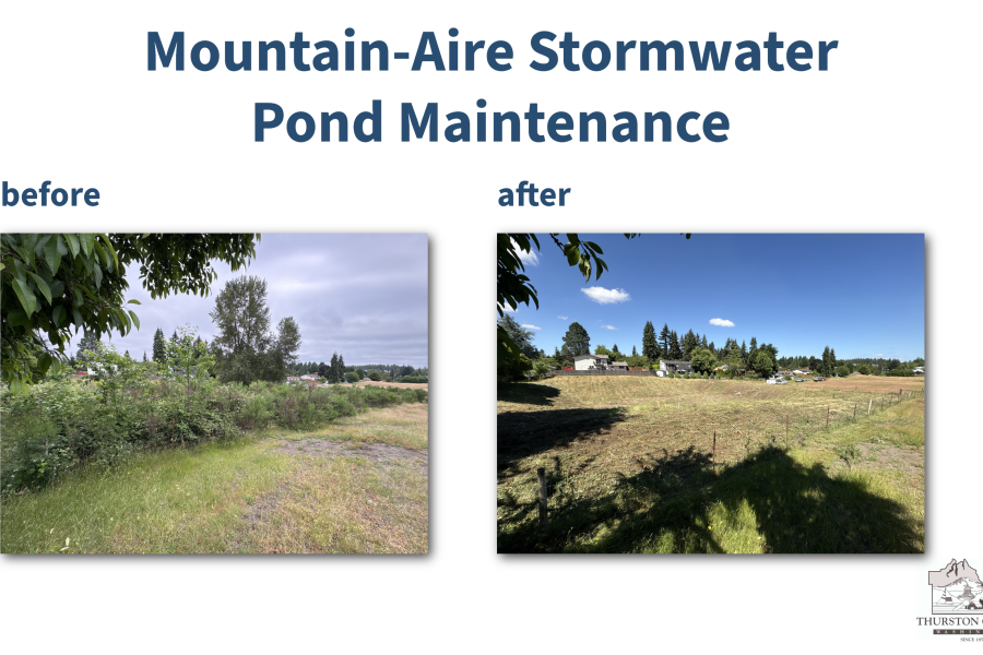 A graphic that reads, "Mountain Aire Stormwater Pond Maintenance, before, after. Two images are displayed on the page showing a stormwater pond before and after maintenance. The before photo shows small trees, shrubs, and blackberry bushes. The after image shows a freshly mowed pond, free of large vegetation or brush.