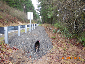 Gravel ditch alongside a road with a pipe running through it to divert rainwater runoff.