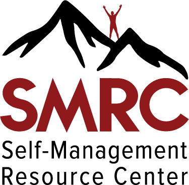 SMRC logo: graphic of person standing on mountain with arms raised and "Self-Management Resource Center" 