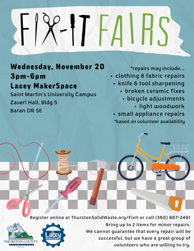 Flyer for a Fix it Fair taking place on Wednesday, November 20 at the Lacey MakerSpace.