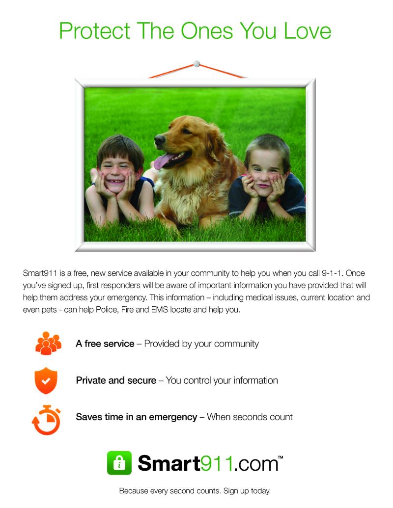 Protect Your Loved Ones Smart 911 Informational Flyer with picture of two children sitting in grass with golden retriever between them.
