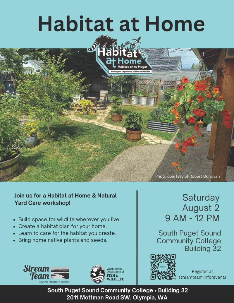 flyer of habitat at home workshop with blue background and image of house with garden 