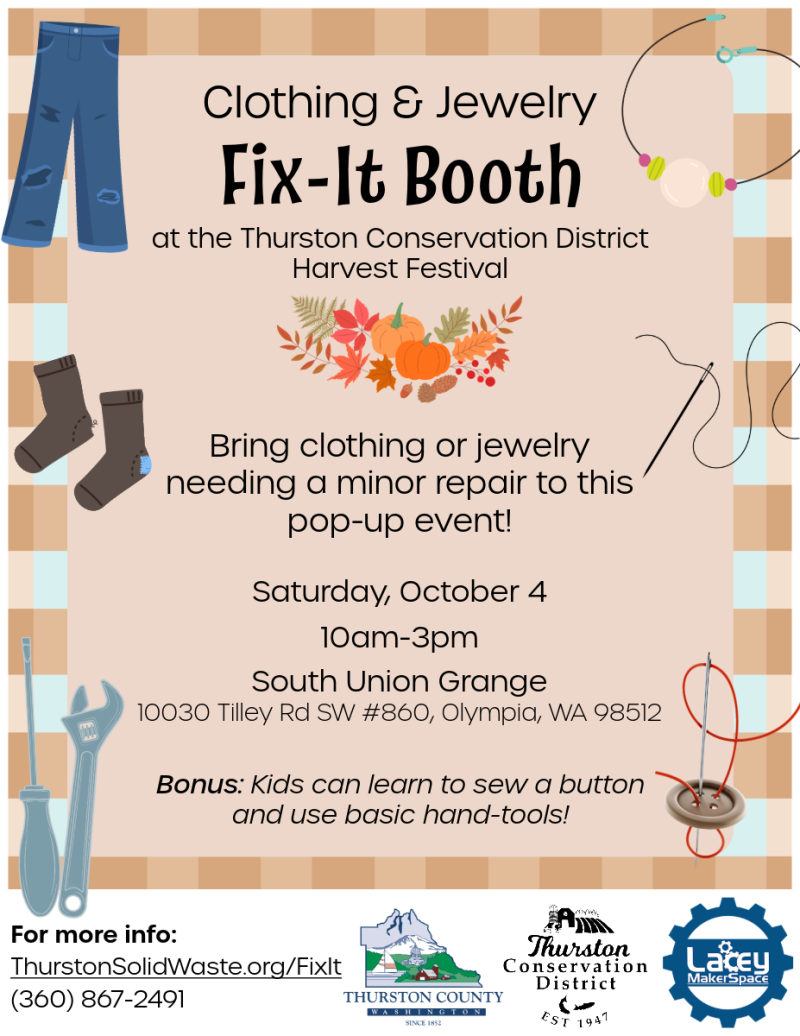 A flyer with details about Thurston Solid Waste's pop-up fix-it booth at Thurston Conservation District's Harvest Festival.