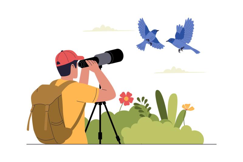 Flat Vector Illustration of Birdwatching with Telescope stock illustration