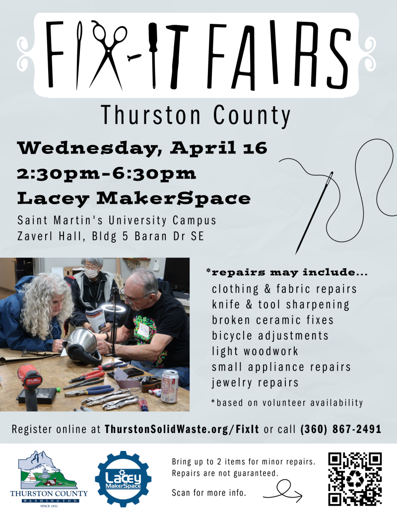 Flyer for the spring 2025 Fix-It Fair at Lacey MakerSpace