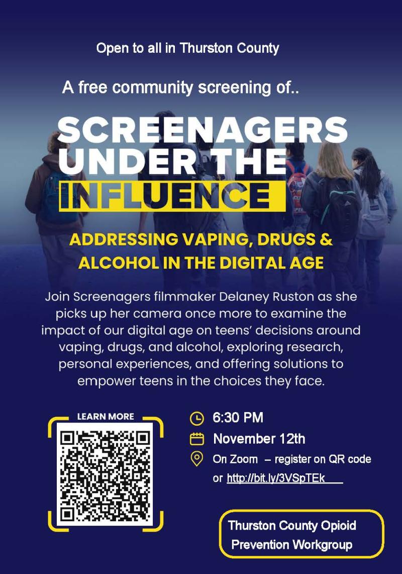 Screenagers under the influence text on blue background with images of teens, includes qr code and information about screening