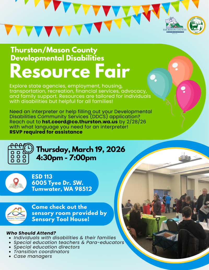 Thurston mason county resource fair flyer with color flags and green block with balloons overlaying 