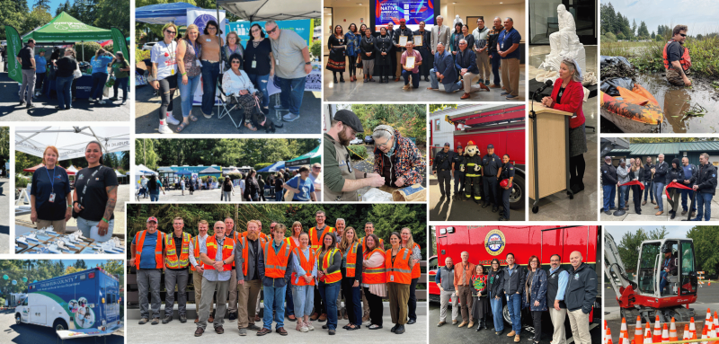 A photo collage of Thurston County staff, elected officials, and residents at community events and on the job.