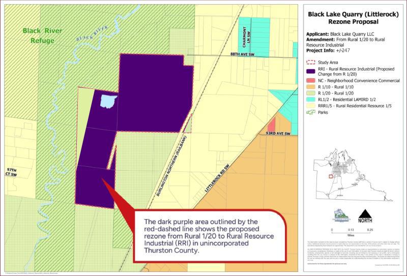 Zoning map titled “Black Lake Quarry (Littlerock) Rezone Proposal.” A dark purple area outlined with a red dashed line marks the study area proposed for rezoning from Rural 1/20 to Rural Resource Industrial in unincorporated Thurston County. The site is shown adjacent to the Black River Refuge, with surrounding parcels color-coded by zoning designations. Major roads, nearby streets, and parks are labeled, and a legend explains zoning colors, the study area, and project details.