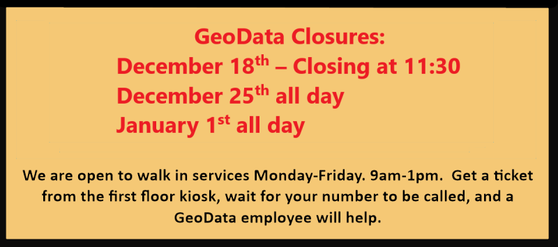 GeoData Home Page Alert - December 2025. GeoData Closures: December 18th – Closing at 11:30 December 25th all day January 1st all day