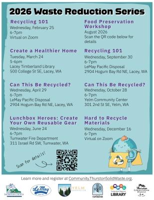 Flyer with a list of 2026 community presentations in Thurston County about recycling and waste reduction.