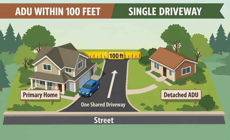 Illustrated diagram showing a primary home and a detached accessory dwelling unit (ADU) connected by one shared driveway. A dashed arc and measuring tape graphic indicate the ADU must be within 100 feet of the main house (“<100 feet max”). Labels identify “Primary Home,” “Detached ADU,” “One Shared Driveway,” and the street in front. Trees and landscaping surround both buildings.