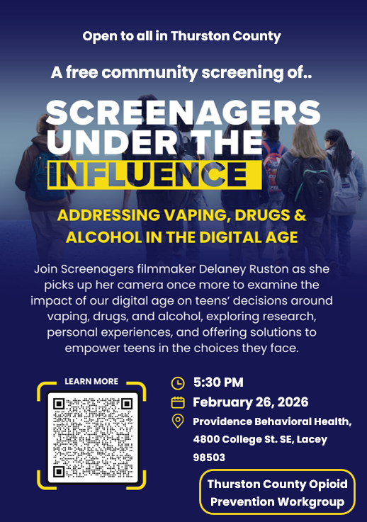 Screenagers under the influence text on blue background with images of teens, includes qr code and information about screening
