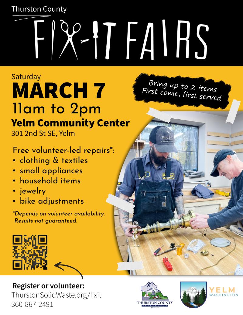 Flyer for the community repair event on March 7, 2026 at Yelm Community Center.