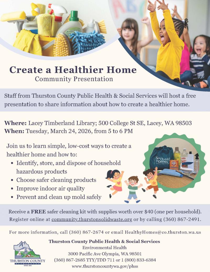 Flyer describing the Create a Healthier Home event at Lacey Library 3.24.26