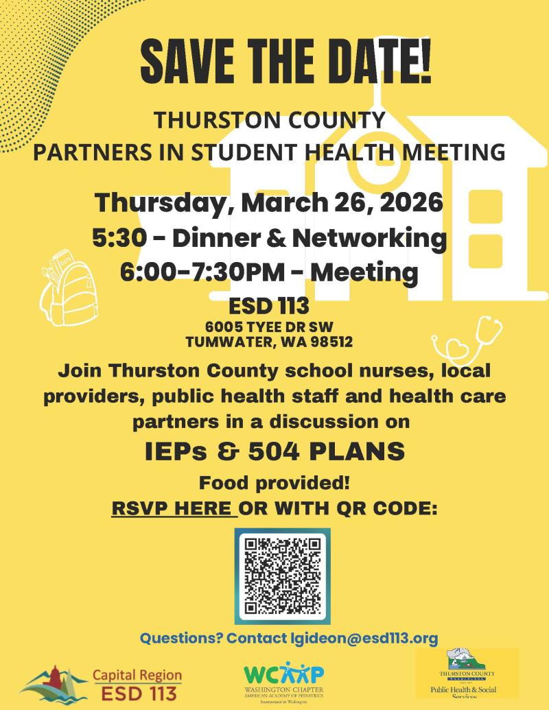 Save the date flyer for partners in student health meeting on november 19 - with bright yellow background and white school icon 