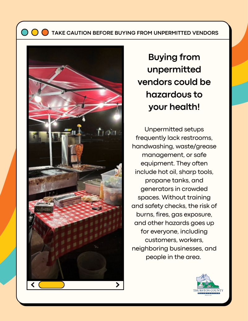 image of unpermitted street vendor set up with text stating 'take caution before buying from unpermitted street vendors'
