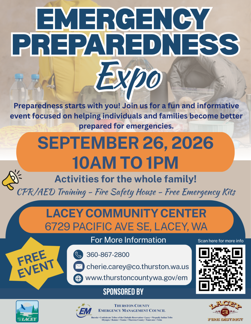 A promotional graphic for an “Emergency Preparedness Expo.” The design features large blue and white text at the top reading “Emergency Preparedness Expo” over a background image of emergency supplies, including a backpack, bottled water, and a first aid kit.  Below, smaller text invites people to join a fun and informative event focused on helping individuals and families prepare for emergencies. The event date and time are prominently displayed in an orange banner: “September 26, 2026, 10 AM to 1 PM.”  Ad