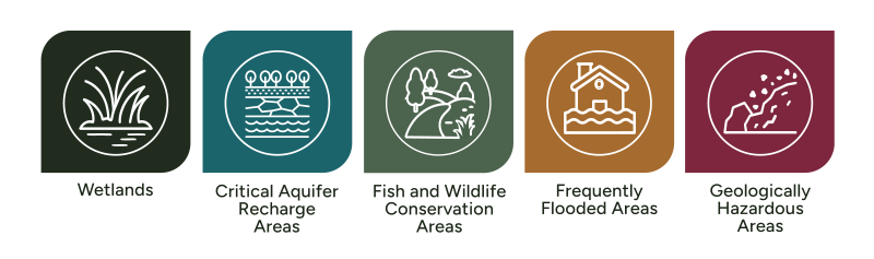 Row of five illustrated icons representing critical areas: wetlands (grasses in water), critical aquifer recharge areas (soil layers and water), fish and wildlife conservation areas (landscape with trees and stream), frequently flooded areas (house in floodwater), and geologically hazardous areas (falling rocks).