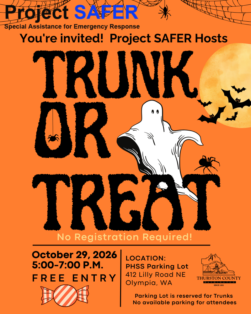 Trunk or treat flyer - image of ghost with moon and bats on orange background