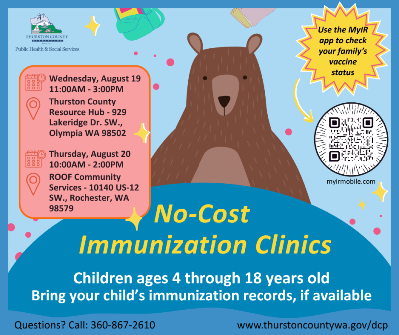 image of bear on blue background with school supplies items, text displaying information on upcoming immunization clinics