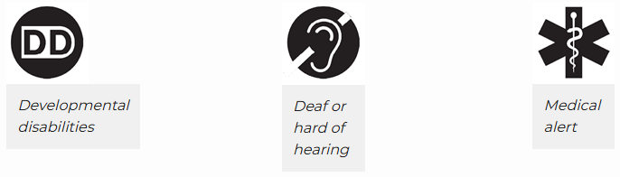 Image showing icons that can be added to drivers license or ID card for developmental disabilities, deaf or hard of hearing, or medical alert