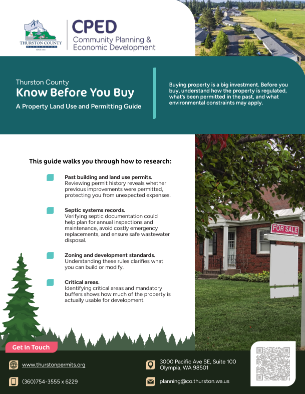 "Thurston County 'Know Before You Buy' property guide flyer from Community Planning & Economic Development. The guide helps prospective buyers research past permits, septic systems, zoning standards, and critical areas. Features aerial neighborhood view and house with for-sale sign. Contact information: www.thurstonpermits.org, (360) 754-3555, 3000 Pacific Ave SE Suite 100, Olympia WA.