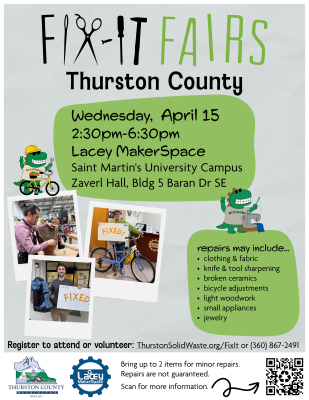 Flyer for the community repair event on April 15, 2027 at Lacey MakerSpace.