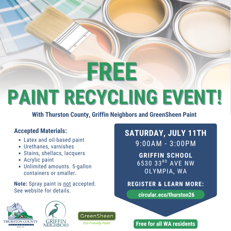 Flyer for a free paint recycling event at Griffin School on July 11, 2026.