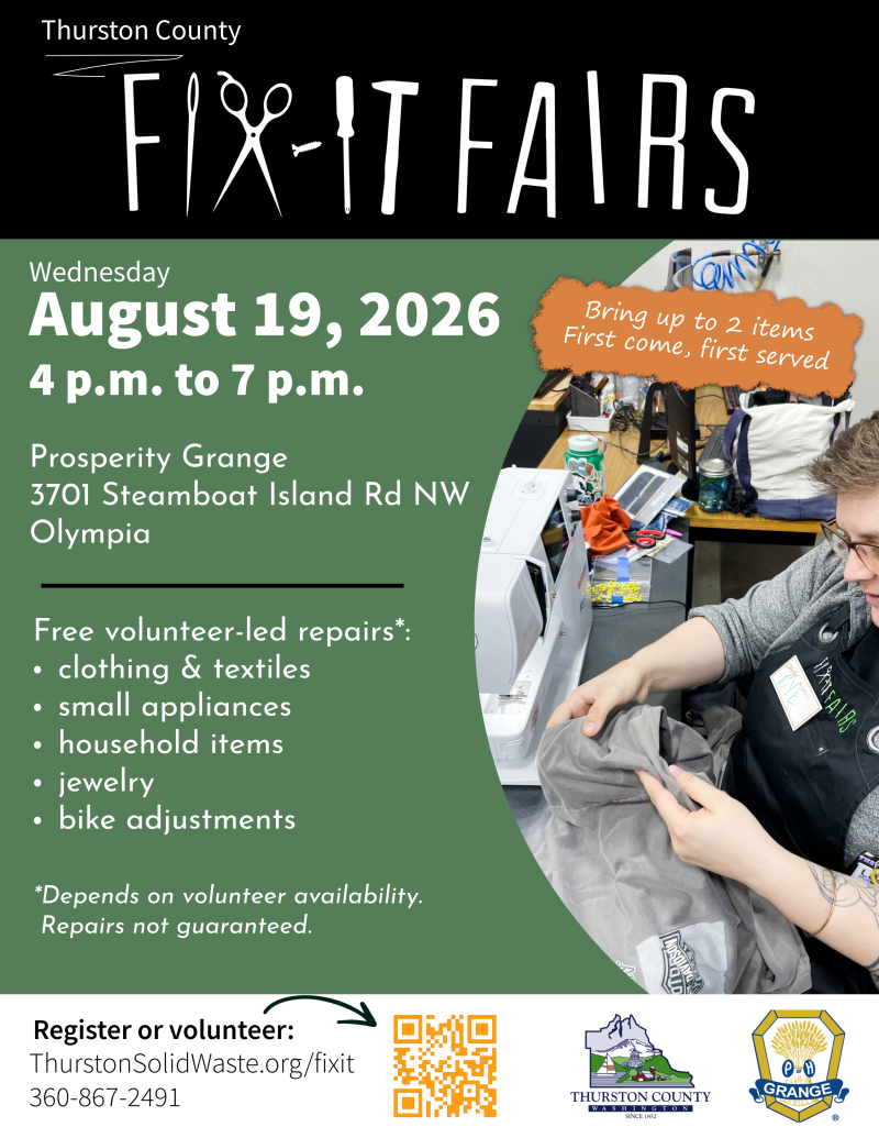 Flyer for August 19 Fix-it Fair featuring a photo of a person repairing clothing with a sewing machine.
