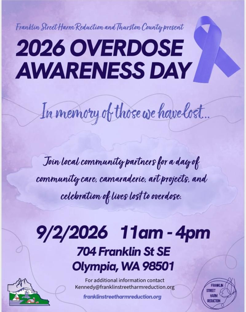 Purple Overdose Awareness day flyer with purple ribbon and details about the event