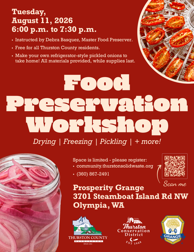 Flyer for the food preservation workshop on August 11, including images of a jar of pickled onions and a dehydrator tray with sliced tomatoes.