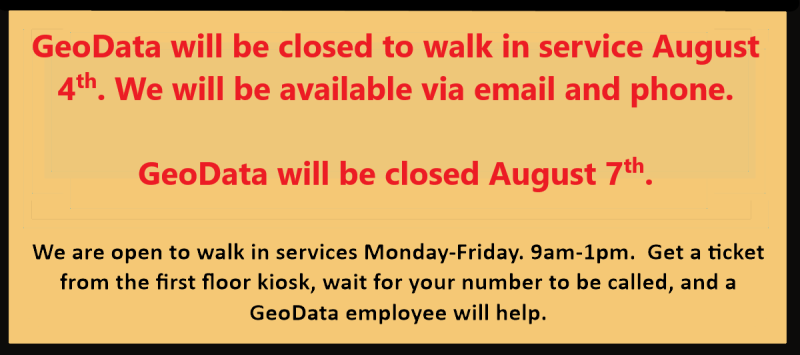 Thurston County GeoData home Page Alert August 2026.  GeoData will be closed to walk in service August 4th.  GeoData will be closed August 7th.